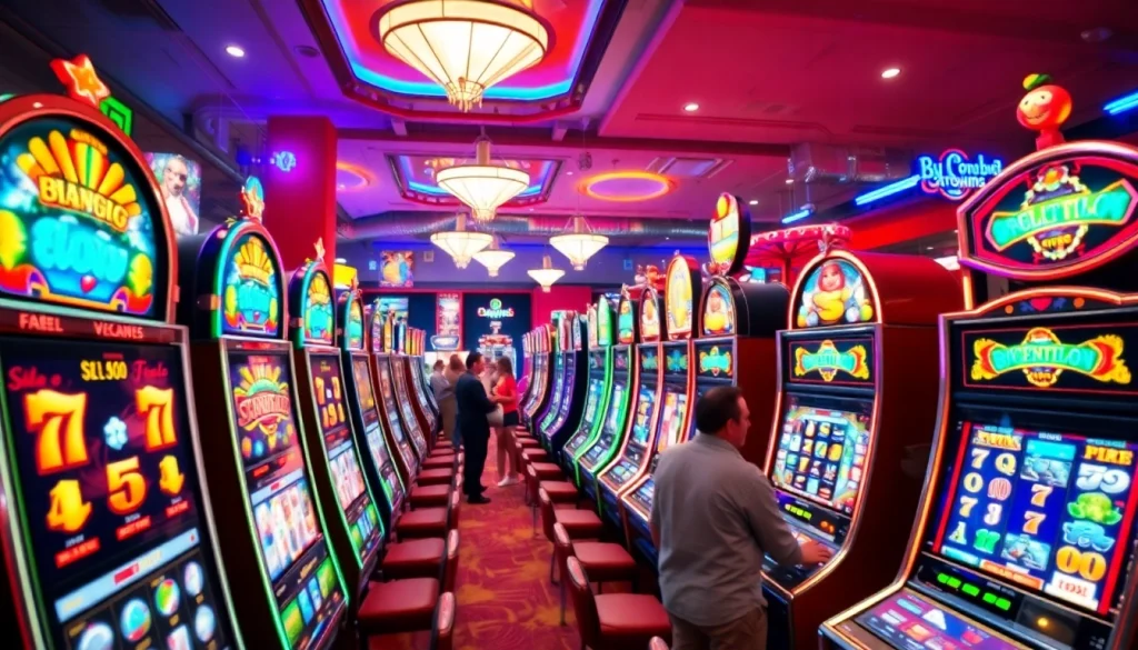 Engage with thrilling เว็บสล็อตทดลอง in a dynamic casino setting filled with vibrant slot machines.