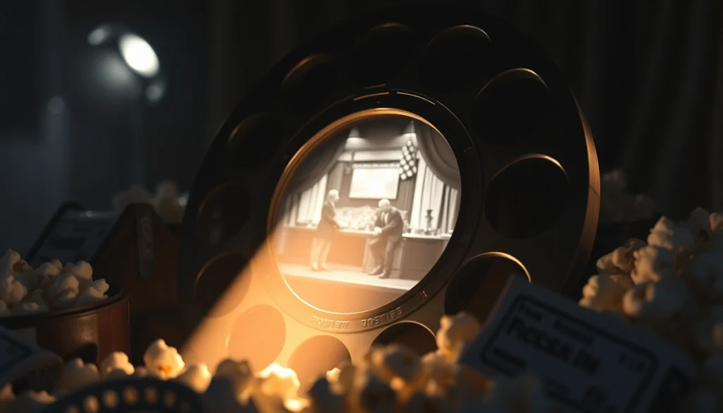 Download public domain movies with a vintage film reel surrounded by popcorn and movie tickets.