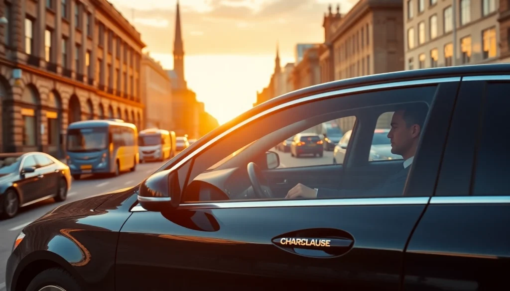 Experience luxury private car service Glasgow with a sleek chauffeur-driven vehicle on a scenic urban road.