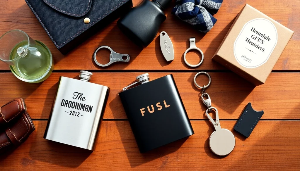 Showcasing a curated selection of cheap groomsmen gifts, including stylish flasks and custom keychains, arranged beautifully.