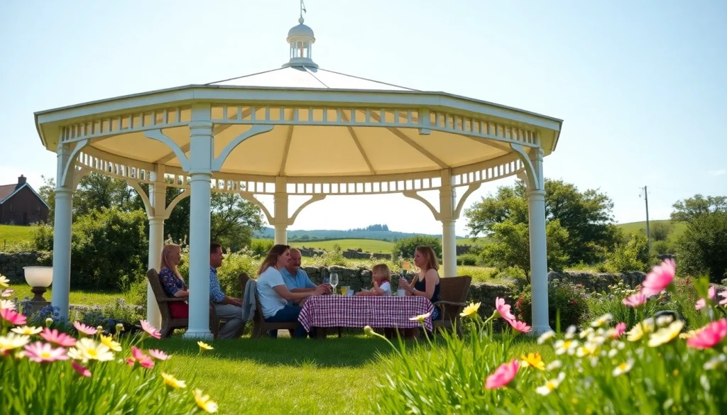 Enjoy a stunning gazebo in Ireland where families gather under the shade, surrounded by lush greenery.