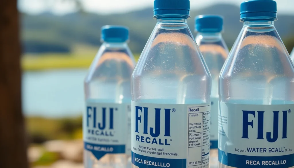 Fiji water bottles recalled due to contamination alerts, showcasing clear labeling and urgency to inform consumers.