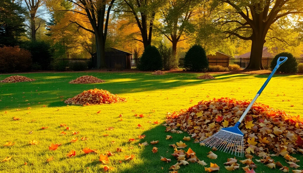 Fall clean up showcasing a well-maintained lawn surrounded by raked leaves and gardening tools.