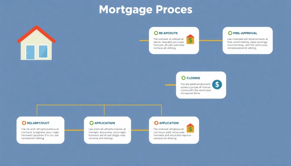 Visual guide on the mortgage process for lenders, illustrating each step from pre-approval to closing with engaging graphics.