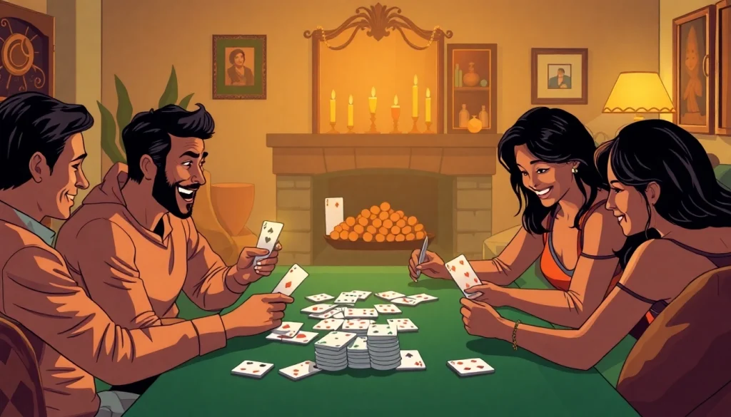 Players enjoying rummy wealth in a vibrant living room setting, highlighting strategies and emotions.