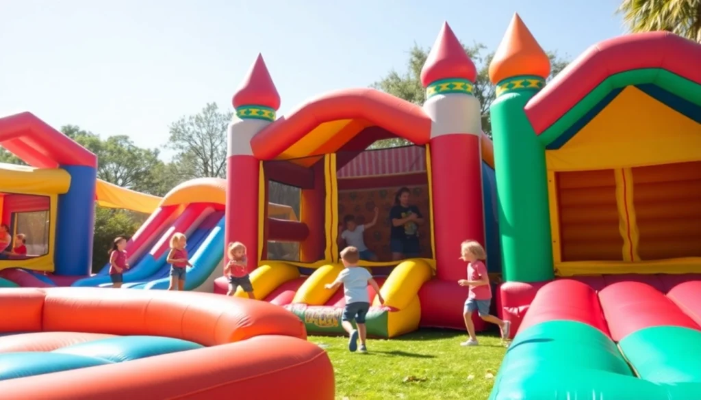 Enjoy a vibrant bounce house rental near me, featuring joyful children having fun in a sunlit park.