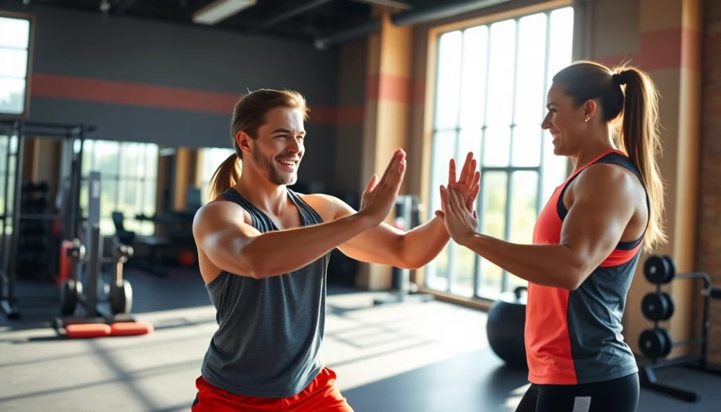 Best Fitness Trainer Jersey City showcasing a personal trainer instructing a client in a vibrant gym setting.