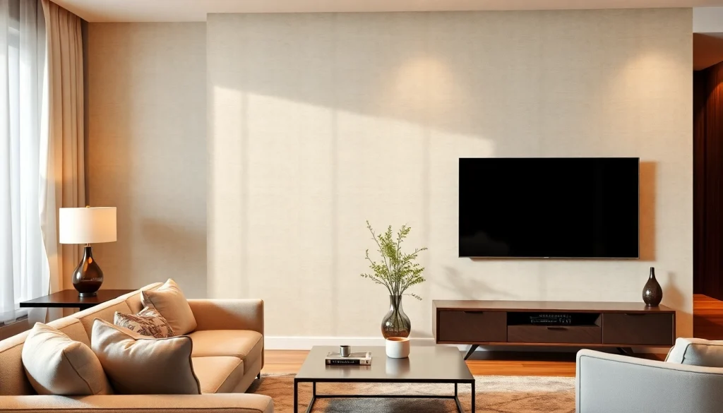 Expert TV mounting installation service showcasing a stylish living room with a wall-mounted TV.