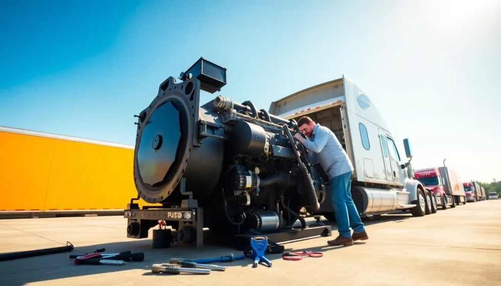 Technician performing mobile truck repair services for Paccar and Volvo engines on-site.