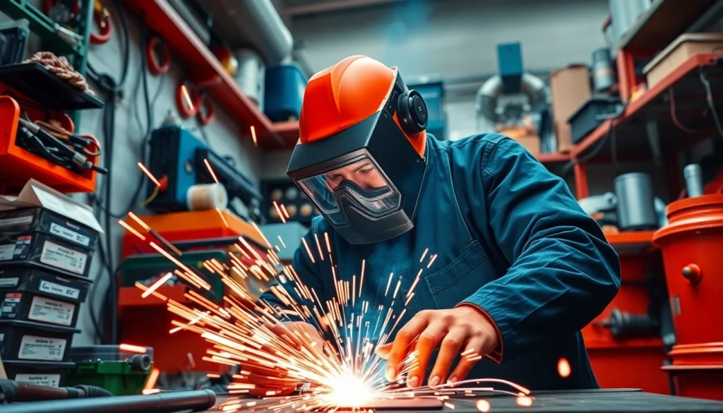 Welder utilizing essential welding supplies in a vibrant workshop environment.