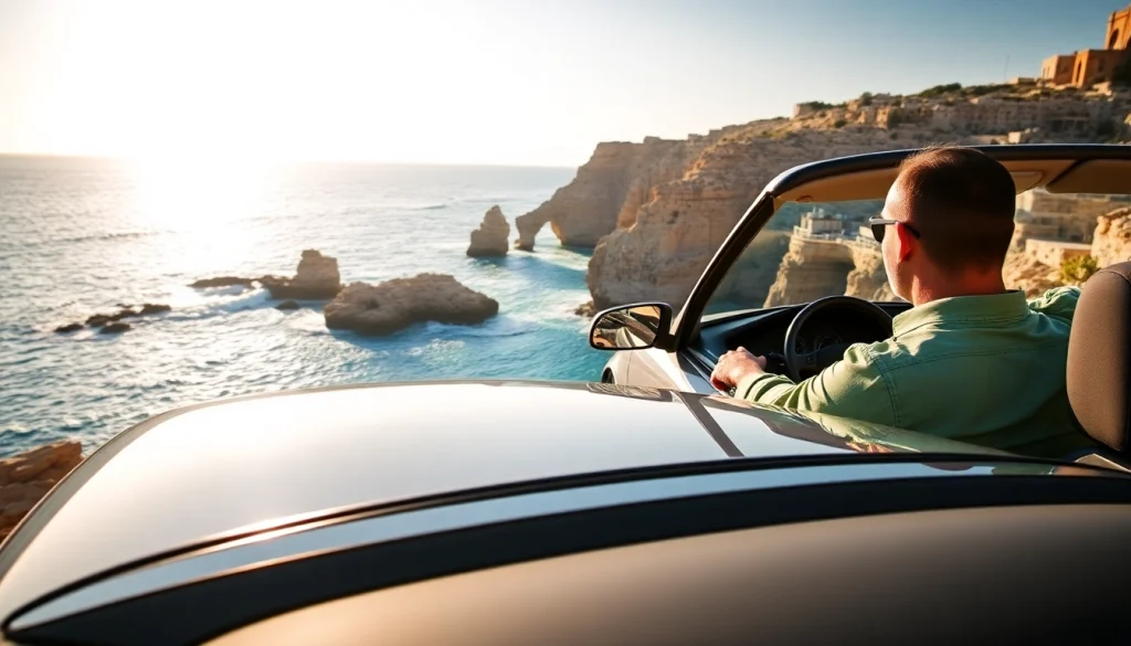 Experience cheap car rental with driver Malta, showcasing a scenic coastline and a stylish vehicle against a stunning backdrop.