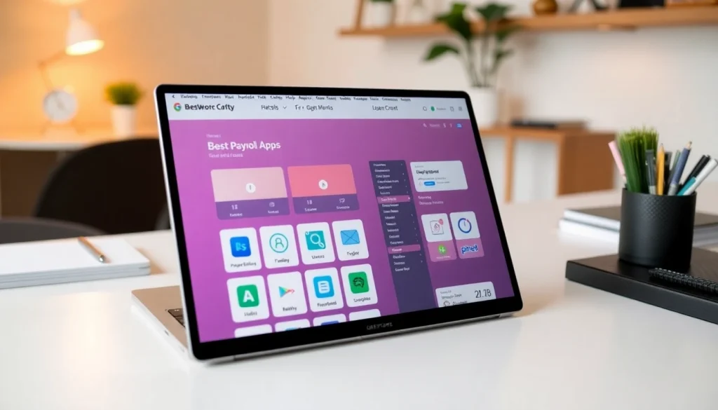 Showcasing best payroll apps on a laptop in a well-organized workspace, highlighting productivity.