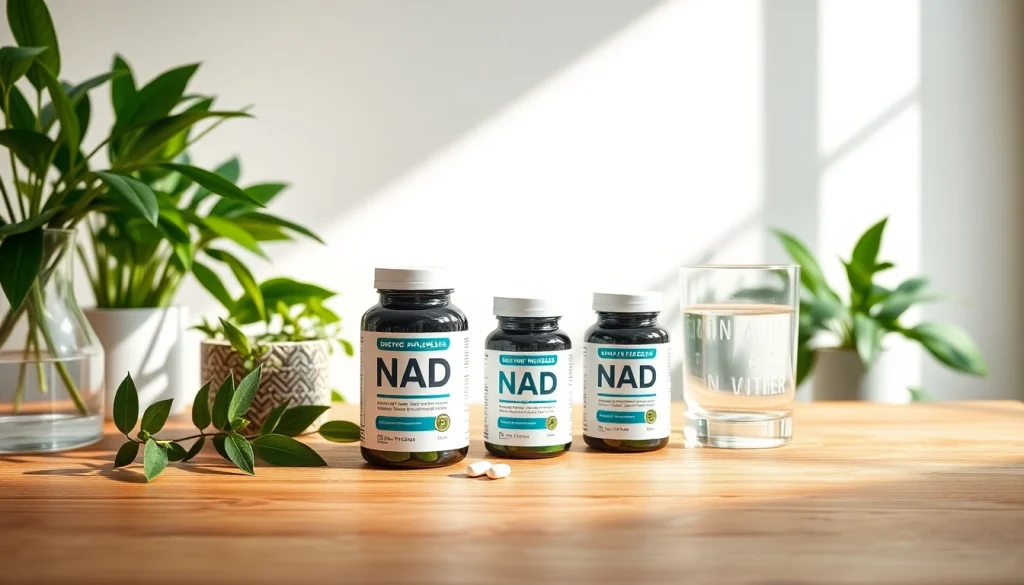 NAD Supplement bottles showcased with greenery and water, emphasizing health benefits.