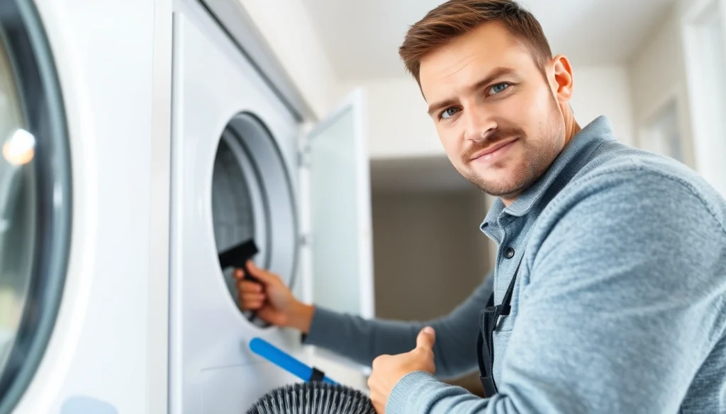 Professional technician performing dryer vent cleaning Salt Lake City Utah, showcasing expertise and care in a modern home.