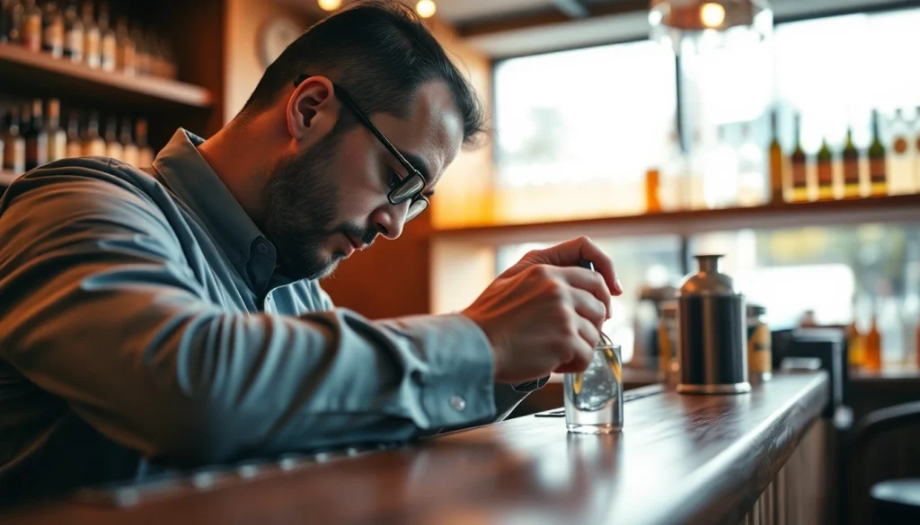 Technician executing a back bar repair on a stylish wooden bar, highlighting craftsmanship and attention to detail.