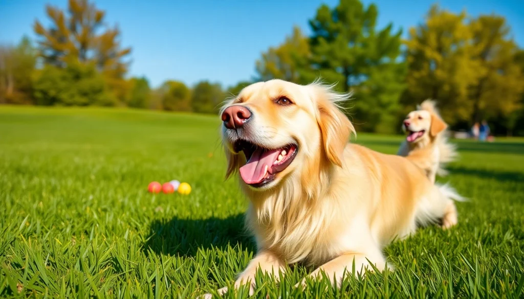 Kate's K9 Pet Care features a joyful golden retriever playing in a sunny park with colorful toys.