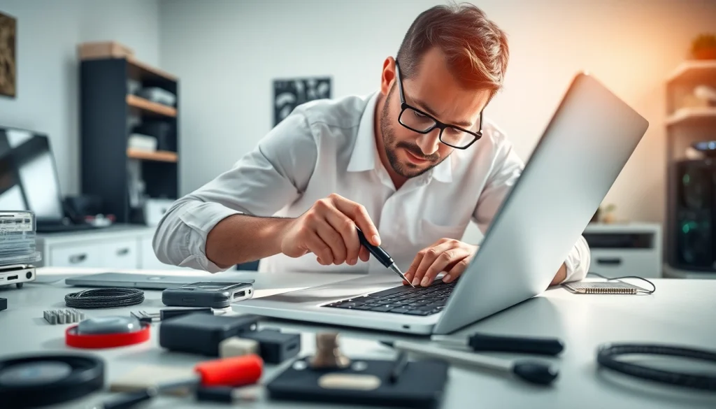 Riparazione pc Torino effettuata da un tecnico esperto mentre ripara un laptop.