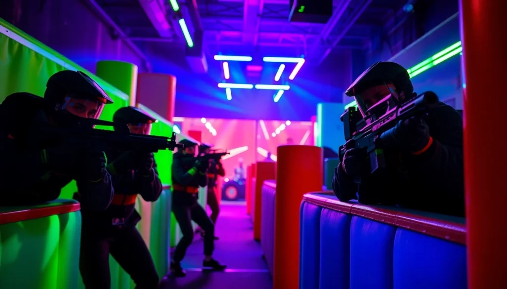 Players engaged in an energetic laser tag game in a neon-lit arena setting.