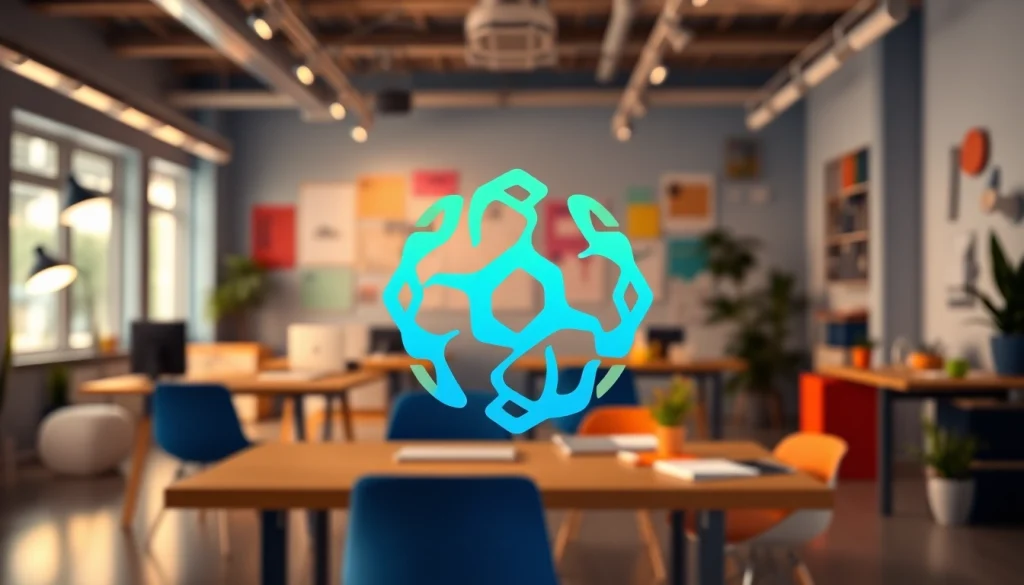 Create a custom AI logo design in an inspiring office setting with vibrant colors.