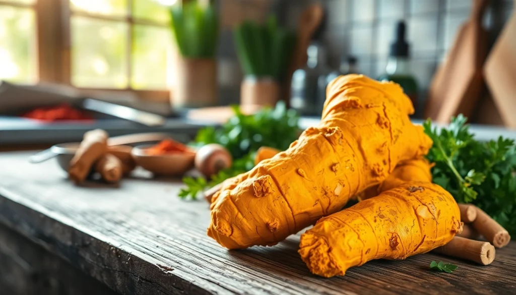 Highlighting turmeric root with fresh herbs on wooden table, showcasing its vibrant color and texture.