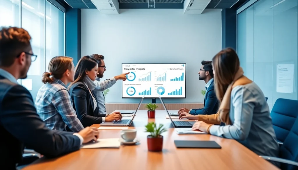 Find competitor customers through a business meeting analyzing competitor insights with diverse team members.