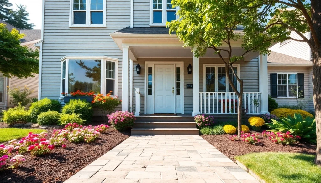 Before and after exterior remodel of a charming suburban home with fresh siding and landscaping.