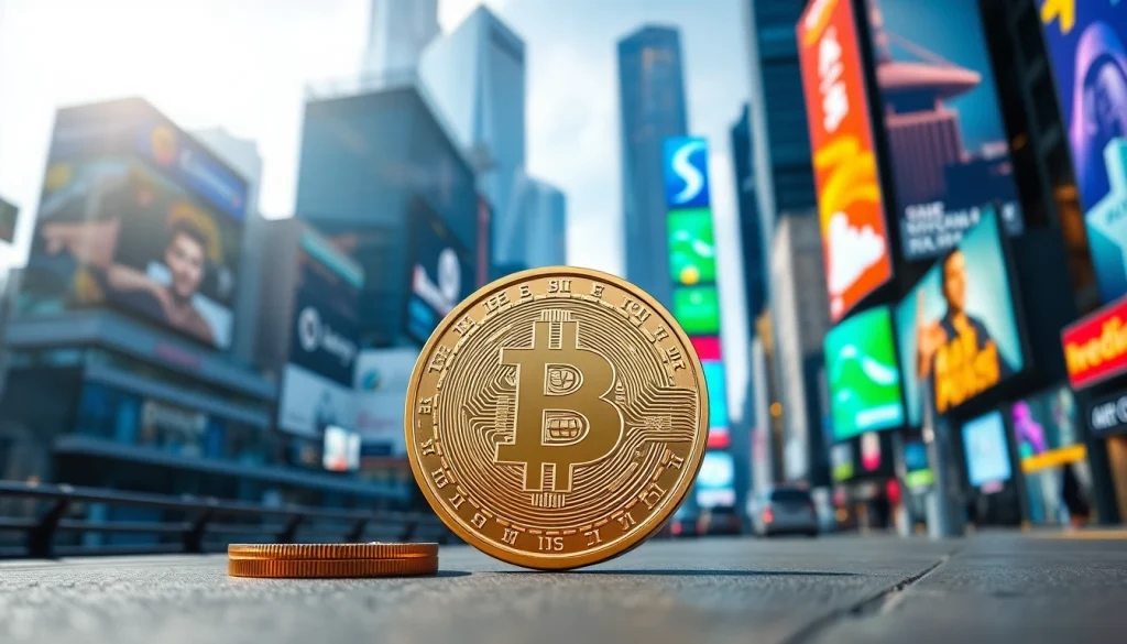 Showcasing a timeless meme coin in a vibrant urban environment, capturing its significance.