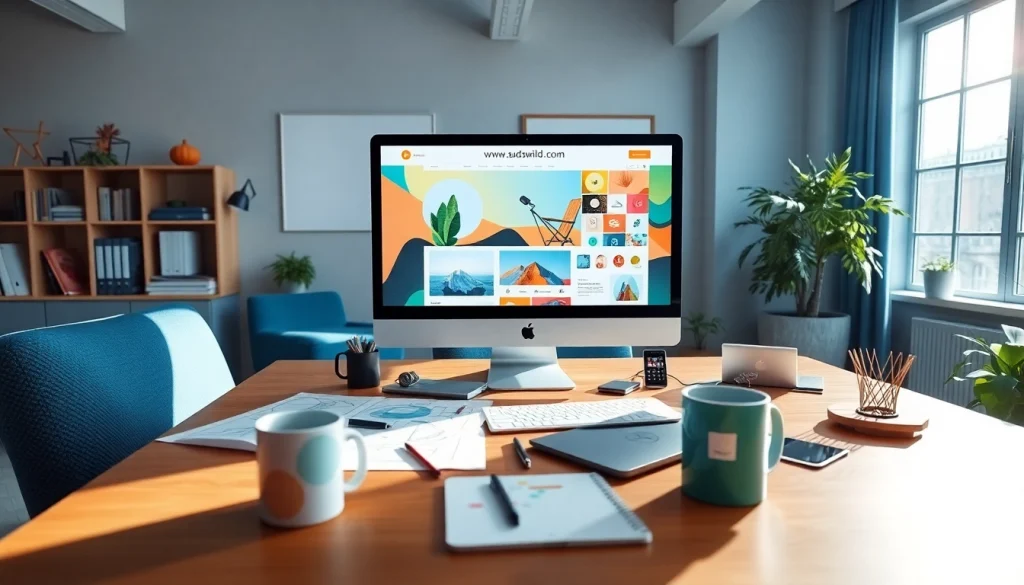 Engaging workspace for designers showcasing colorful website layouts for www.sudswild.com.