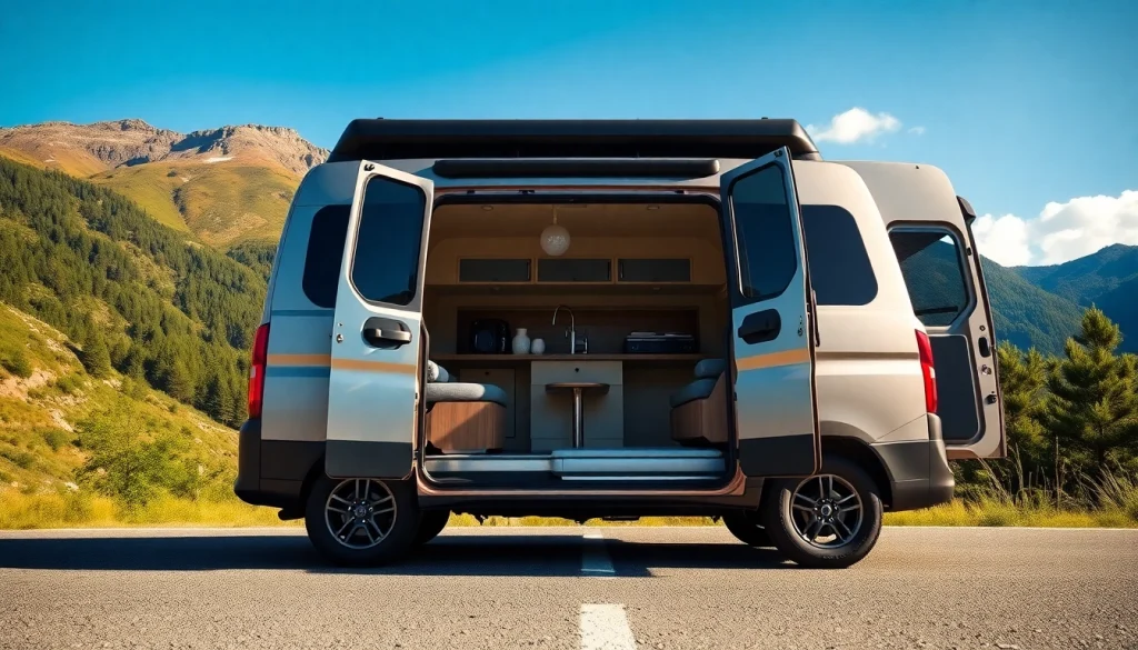Showcasing the perfect Van, a modern camper parked amidst scenic mountains, inviting adventure.