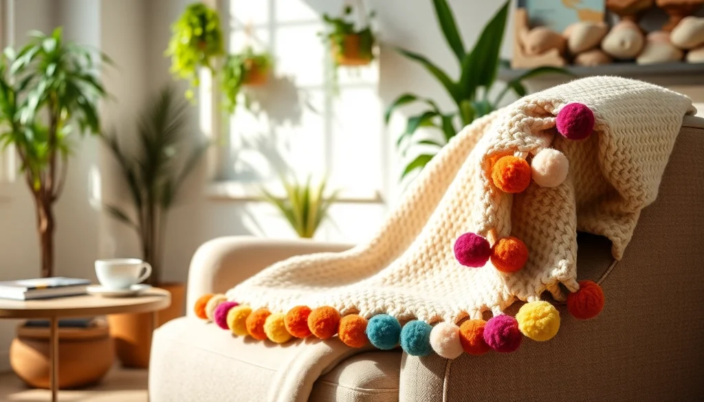 Showcase Moroccan Cotton Pompom Blankets featuring colorful pompom details in a bright living room.