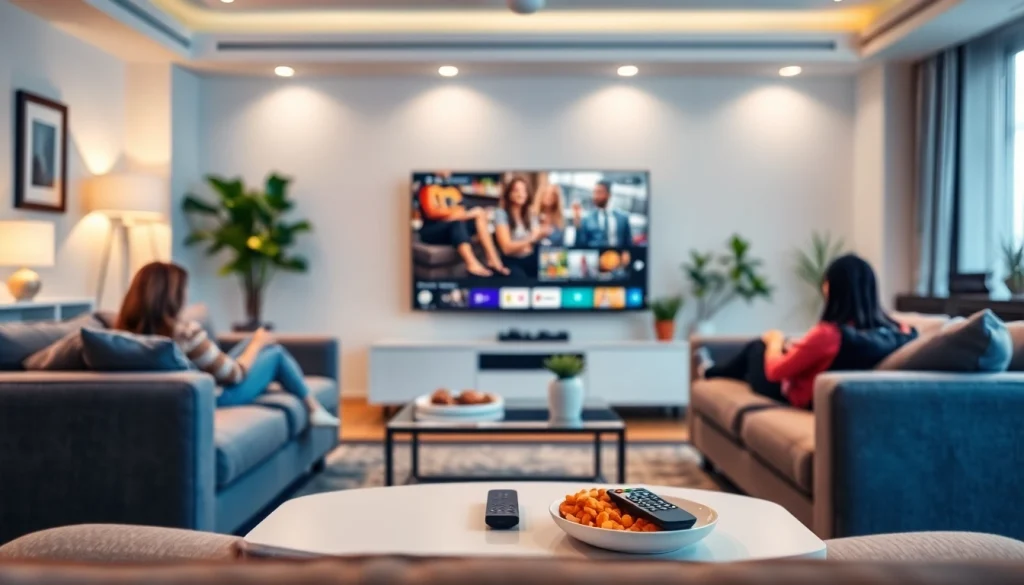 Experience IPTV Subscription USA with a modern living room setup featuring a large 4K TV and cozy ambiance.