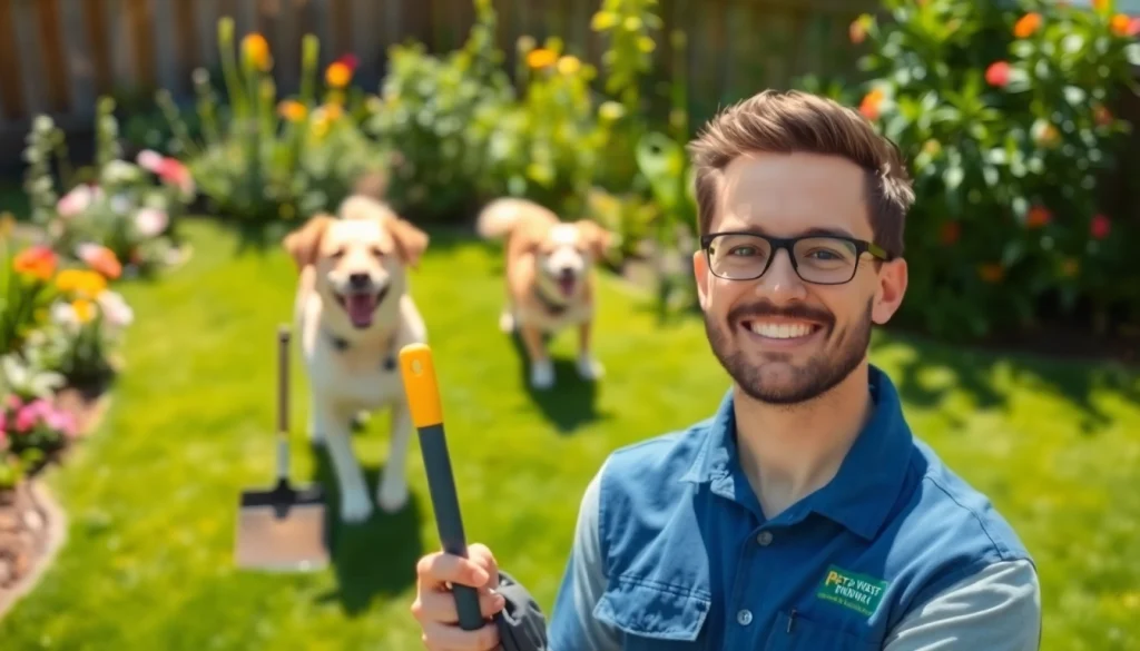 Efficient dog clean up service showcasing a technician removing pet waste with a playful dog nearby.