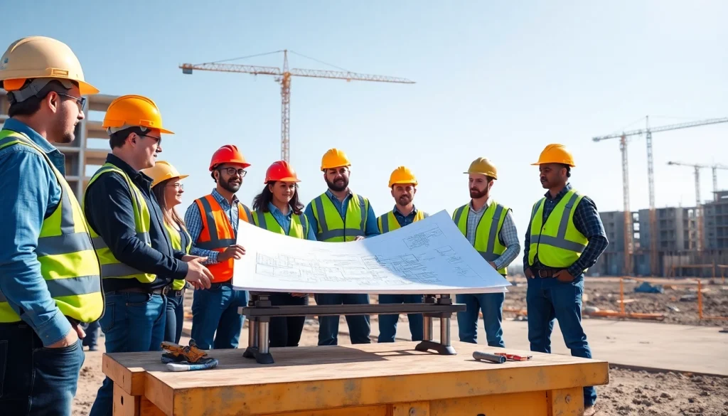 Engaging professionals reviewing NVQ Level 6 Construction Contracting operations answers on-site at a construction project.