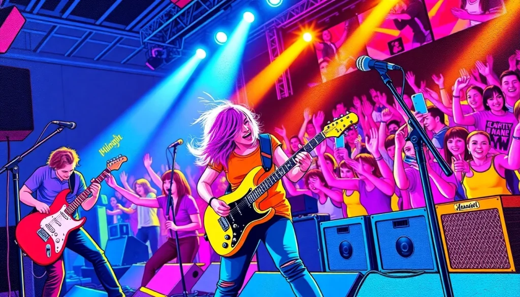 Engaging scene of musicians performing cool alternative rock songs at an energetic concert.