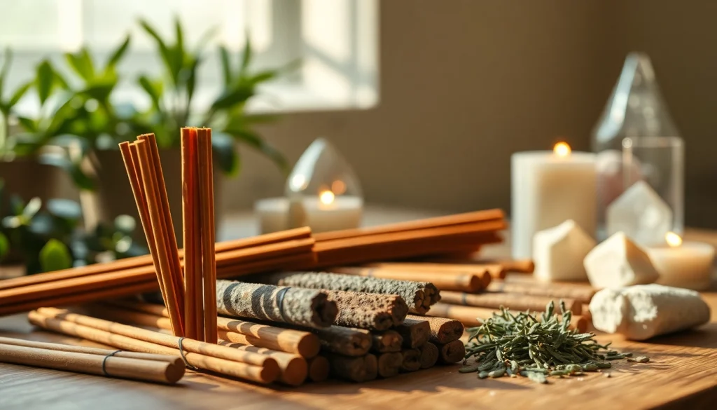 Incenses for cleansing represented by natural aromatics like sandalwood and sage.