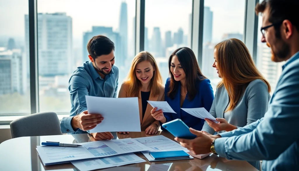 Illustration of professionals strategizing trade marketing in a bright, collaborative office.