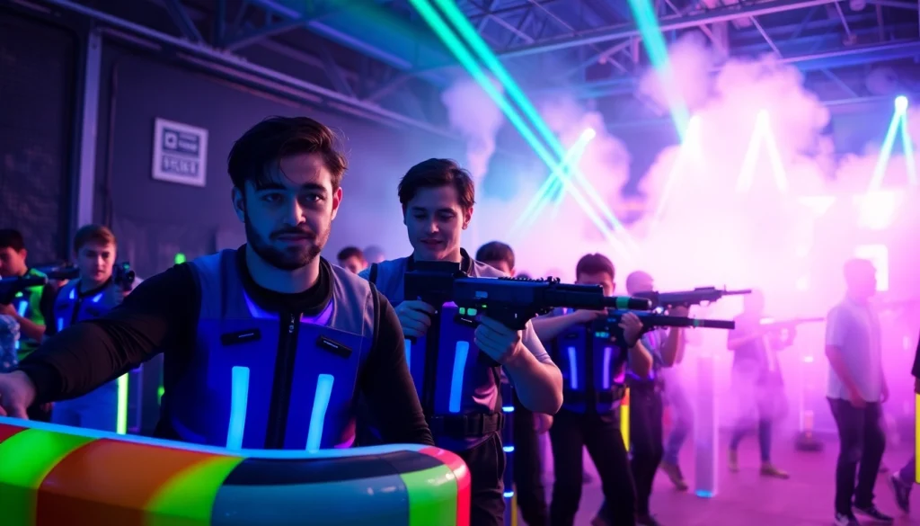 Engaging laser tag action in a colorful arena with players strategizing and neon lights.