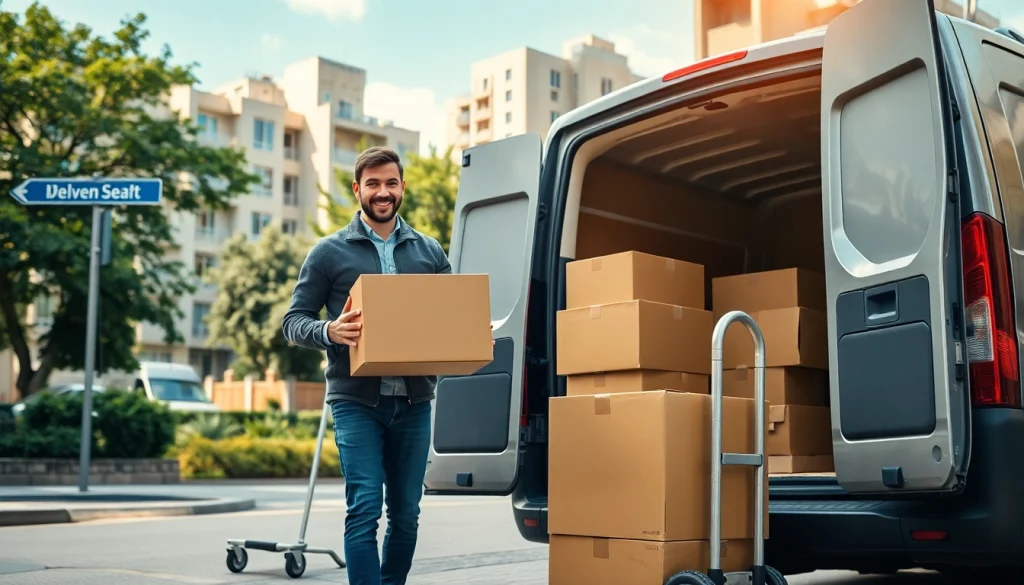 Engaging man and van moving scene highlighting delivery and relocation services.