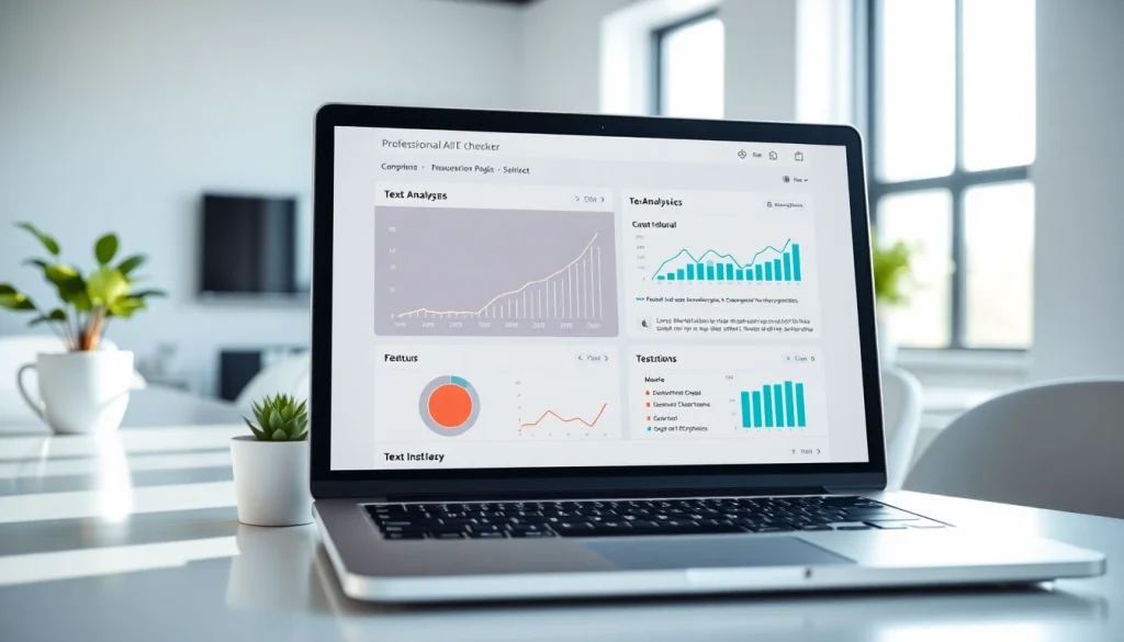 Analyze text with an advanced AI checker on a professional laptop setup.
