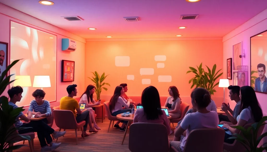 Engaging شات دردشتي experience with avatars in a lively digital chatroom setting.