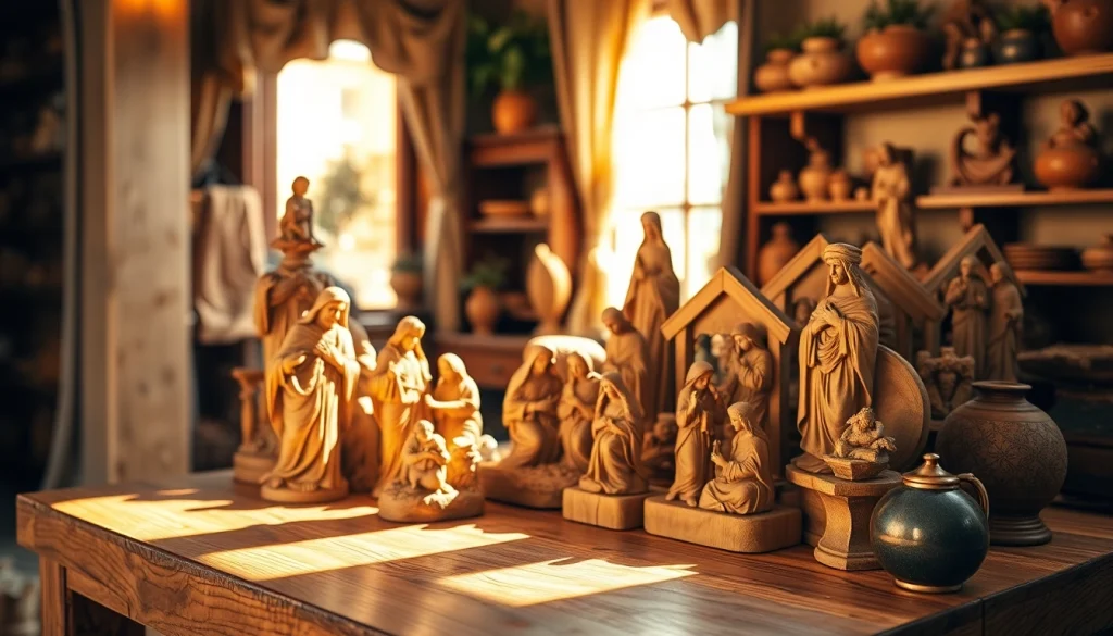 Hand-crafted olive wood carvings showcasing intricate details and craftsmanship in an artisanal setting.