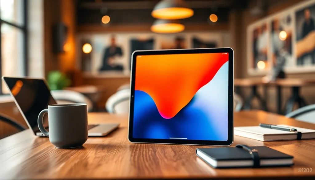 Buy iPad Pro featured prominently on a stylish cafe table with a cozy atmosphere.