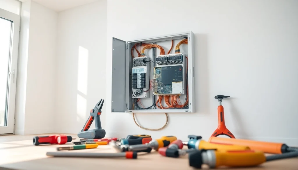 Electrician installing an Electrical Panel in a modern, bright home environment.