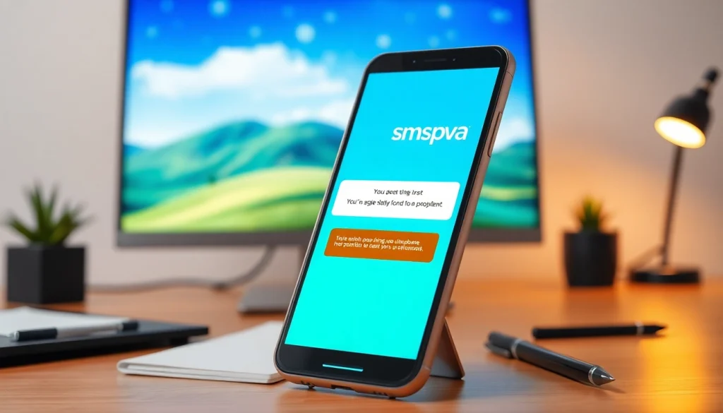 Engage with smspva for SMS alerts on a modern smartphone in a professional workspace.