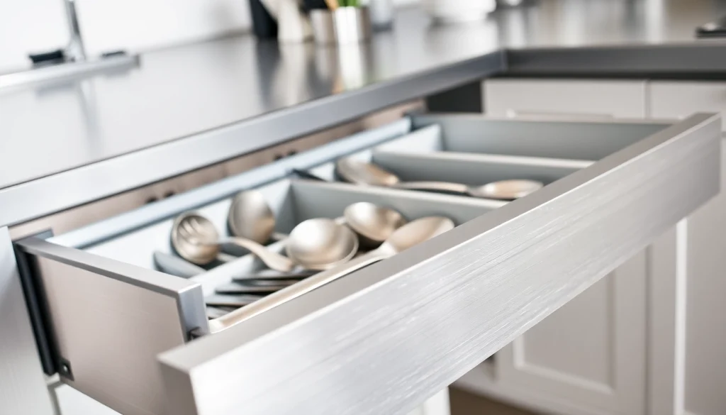 Organized metal drawer system demonstrating quality and efficiency in modern kitchen design.