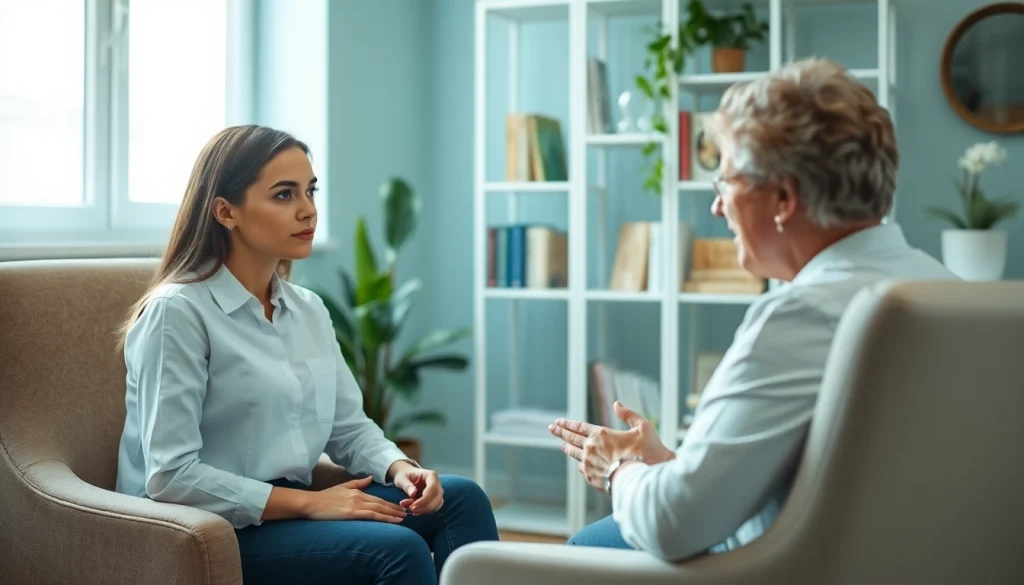 Engaging therapy session for bulimia treatment with a compassionate therapist and a focused patient.