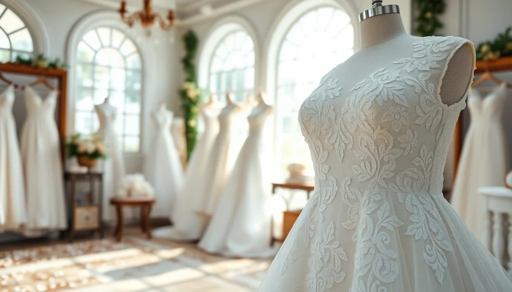 Lace wedding dresses beautifully showcased in a boutique, emphasizing elegance and intricate details.