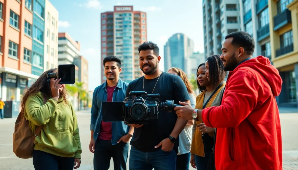 Engaging 홍보영상제작 scene highlighting a diverse team collaborating on a creative project.