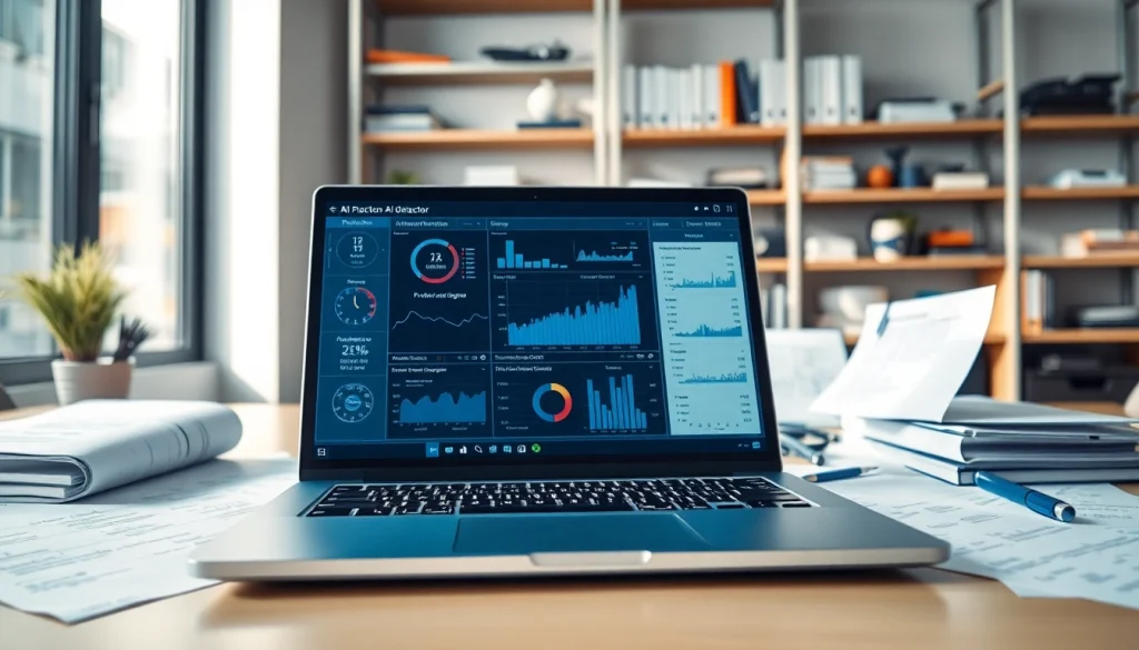 Analyze AI-generated text with the professional ai detector interface on a laptop in a modern office.