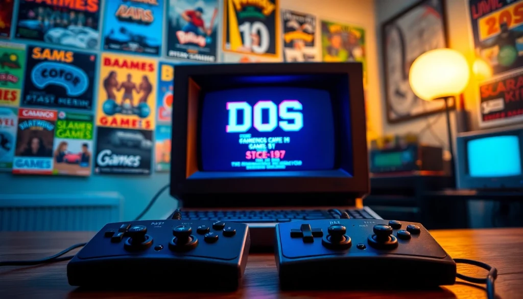 Play DOS games in a nostalgic retro setup with vintage controllers and colorful graphics.